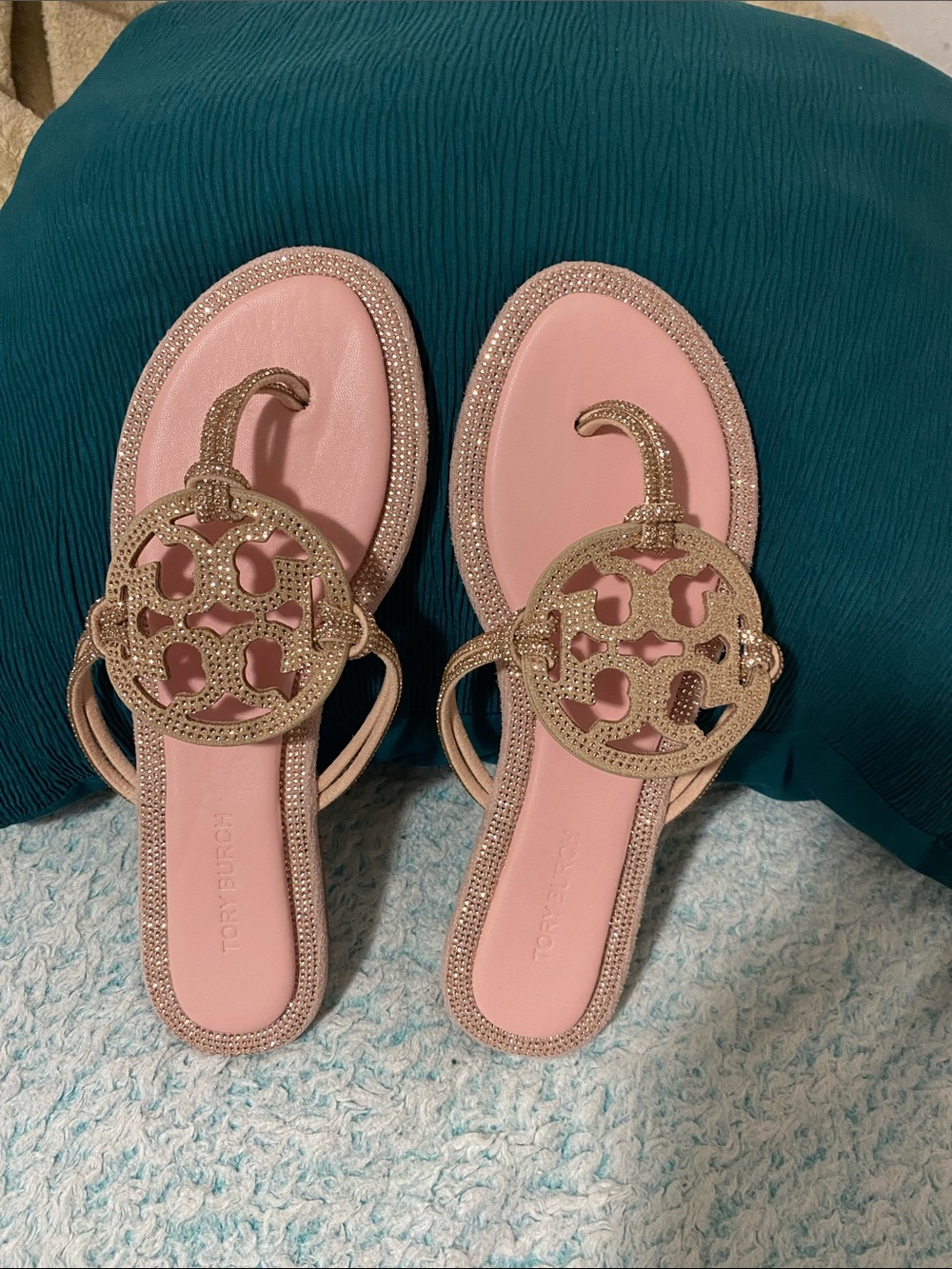 Tory Burch Pink Sandals with Gold Logo Medallions
